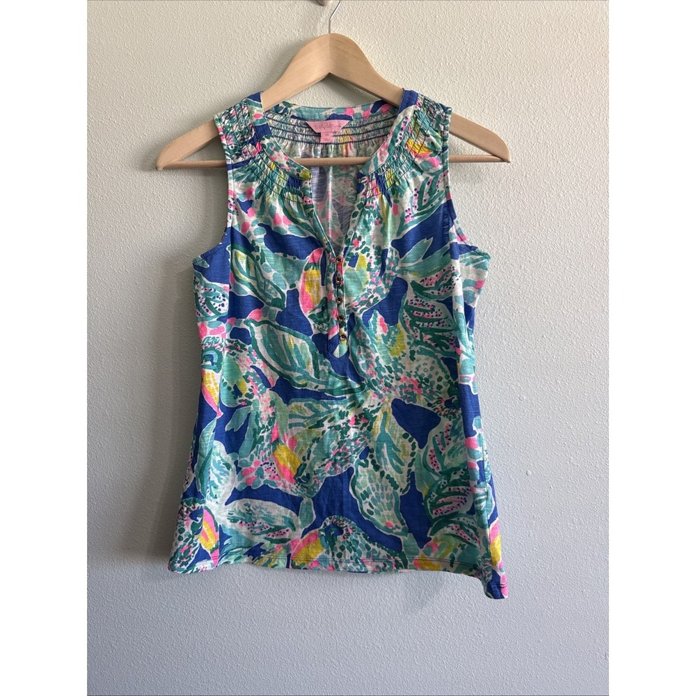 LILLY PULITZER Women's Size XS Essie Top‎ Teal Leaf Print EUC